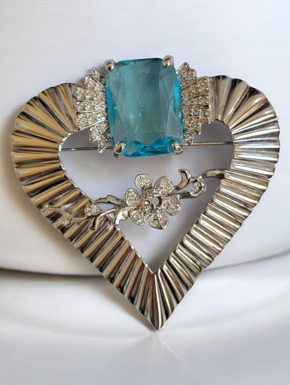Alana Stewart Signed Silver Heart Brooch with Blue Crystal Accent